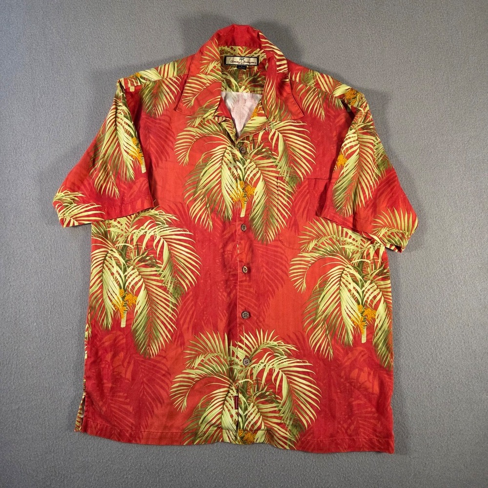 Tommy Bahama Shirt Mens Large Red Silk Loop Collar Palm Hawaiian Aloha Beach